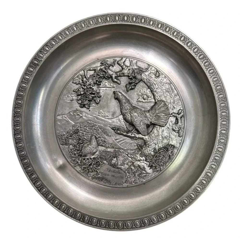 Vintage German Pewter Plate Grouse‎ Auerhahn Tetrao Urogallus Scene Native Wild